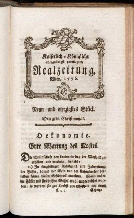 Neun und vierzigstes Stück. Den 3ten Christmonat. Wien, 1776.