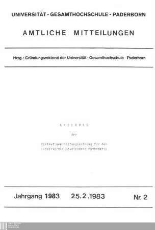 Änderung der Vorläufigen Prüfungsordnung für den integrierten Studiengang Mathematik : 25.2.1983