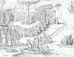 Der Admiral lässt den Indianern zu Ortatan und Lontoor ein Mandat des Grafen Moritz vorlesen - Buchseite aus de Bry, India II