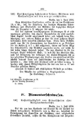 Unstatthaftigkeit von Privatschulen ohne Religionsunterricht : [IV. Elementarschulwesen]