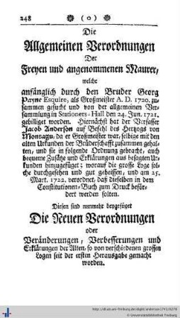 Die allgemeinen Verordnungen der Frey-Maurer, Alte und Neue