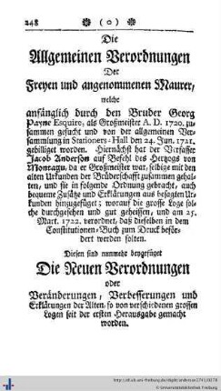Die allgemeinen Verordnungen der Frey-Maurer, Alte und Neue