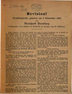 Revision! : Reichstagsrede, gehalten am 5. November 1920 von Bernhard Dernburg