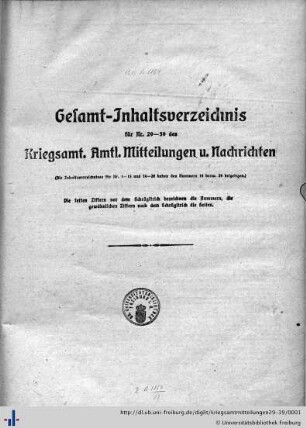 Inhaltsverzeichnis Nr. 29-39
