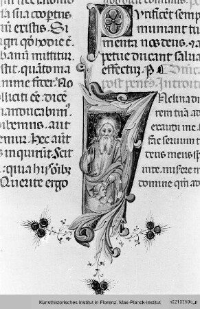 Missale Romanum : Textseite mit historisierter Initiale I: Segnender Heiliger und ornamentierter Initiale P