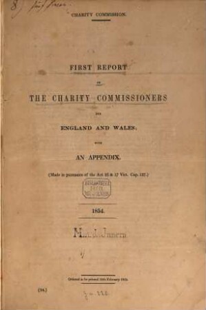 Report of the Charity Commissioners for England and Wales : for the year .., 1. 1854