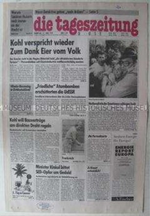 Fragment der Ost-Ausgabe der "tageszeitung" u.a. zum Besuch von Bundeskanzler Kohl in Halle (Saale) und Protestaktionen gegen die Politik der Bundesregierung (Eierwürfe gegen Kohl)