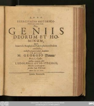 Exercitatio Historico-Philologica De Geniis Deorum Et Hominum