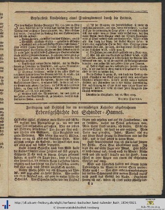 Fortsetzung und Beschluß der im vorjährigen Kalender abgebrochenen Lebensgeschichte des Schinder-Hannes.