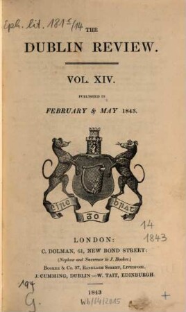 Dublin review : a quarterly and critical journal. 1843,1 = Vol. 14