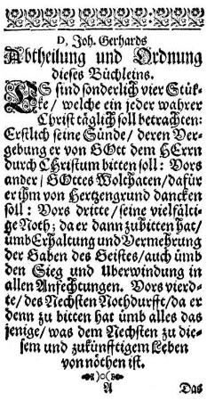 D, Joh. Gerhards Abtheilung und Ordnung dieses Büchleins.
