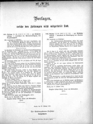 Anlage: ad No. 54 (841-842.), Vorlagen, welche den Zeitungen nicht mitgeteilt sind
