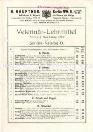 Veterinär-Lehrmittel / Katalog-Nachtrag 1914 zum Sonder-Katalog D.