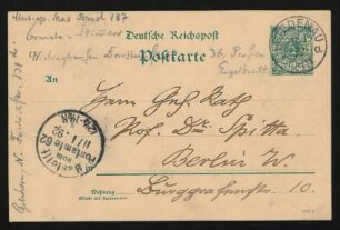 Postkarte an Philipp Spitta : 10.01.1892