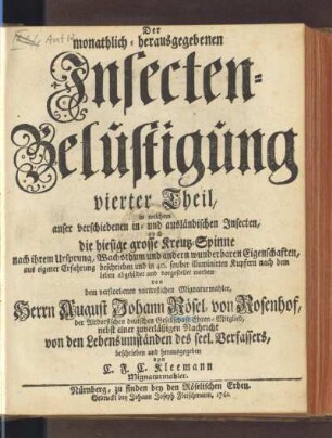 4.1761: Der monathlich-herausgegebenen Insecten-Belustigung ... Theil, 4.1761