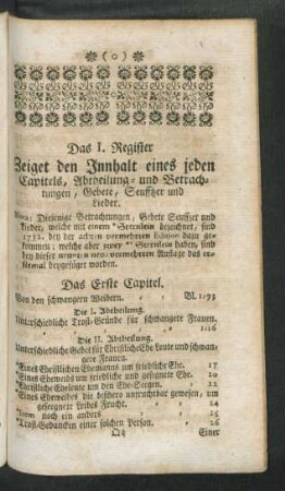 Das ... Register Zeiget den Innhalt eines jeden Capitels, Abtheilung- und Betrachtungen, ...