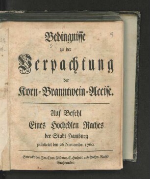 Bedingnisse zu der Verpachtung der Korn-Branntwein-Accise