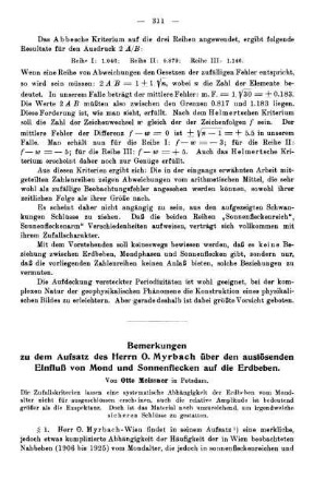 Bemerkungen zu dem Aufsatz des Herrn O. Myrbach über den auslösenden Einfluß von Mond und Sonnenflecken auf die Erdbeben