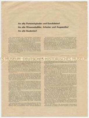 Rundbrief der SED-Parteiorganisation an der Humboldt-Universität zu Berlin für Verbesserung der ideologischen Arbeit