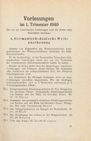 47-74, Vorlesungen im 1. Trimester 1940