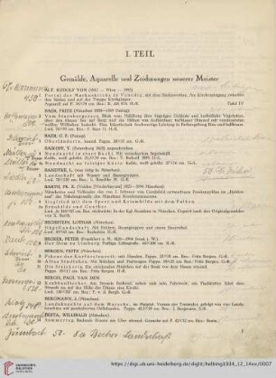 I. Teil: Gemälde, Aquarelle und Zeichnungen neuerer Meister (Nr. 1-209)