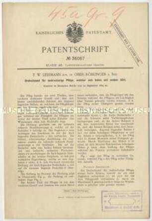Patentschrift eines Drehschemels für mehrscharige Pflüge, welcher sich heben und senken läßt, Patent-Nr. 36067
