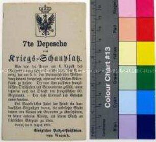 Gedruckte Kriegsdepesche vom Königlichen Polizei-Präsidium über die Kriegsereignisse bei Weißenburg und Saarbrücken während des Deutsch-Französischen Krieges