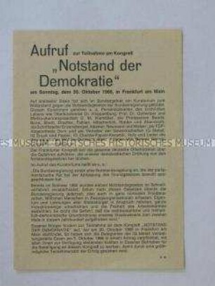 Flugblatt mit dem Aufruf zu einem Kongress gegen die geplanten Notstandsgesetze