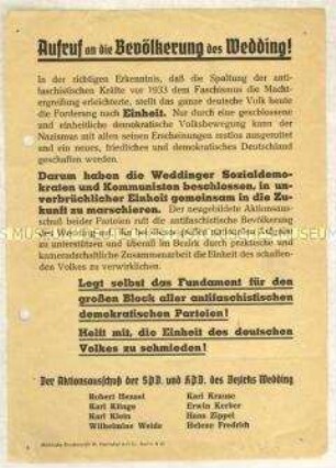 Flugblatt des Aktionsausschusses SPD-KPD Berlin Wedding mit dem Aufruf zur Vereinigung