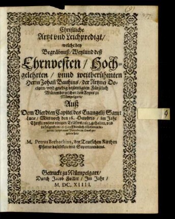 Christliche Artzt und Leichpredigt/