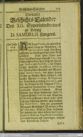 Curieuser Geschichts-Calender Des XII. Superintendentens zu Leipzig D. Samuelis Langens