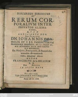 Discursus Iuridicus De Rerum Corporalium Inter Privatos Alienatione