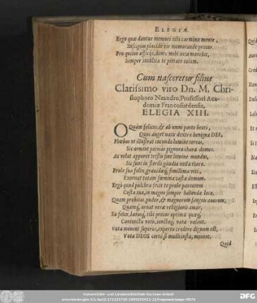 Cum nasceretur filius Clarissimo viro Dn. M. Christophoro Neandro, Professori Academiae Francofordensis. Elegia XIII.