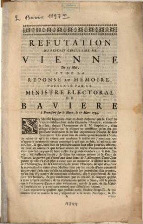 Refutation du rescrit circulaire de Vienne au 13. Mai et de la reponse au memoire de Baviere
