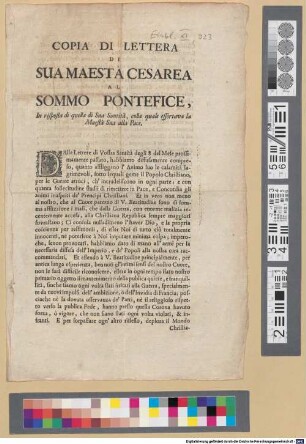 Copia di lettera di Sua Maestà Cesarea al sommo pontefice : in risposta di quella di Sua Santità, colla quale essortava la Maestà Sua alla Pase