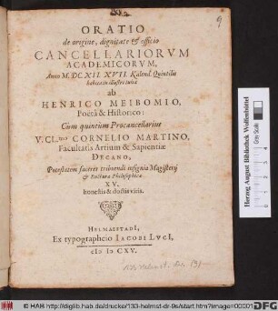 Oratio de origine, dignitate & officio Cancellariorum Academicorum