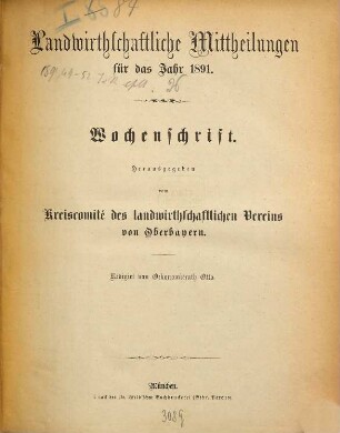 Landwirthschaftliche Mittheilungen : für das Jahr ... ; Wochenschrift. 26. 1891