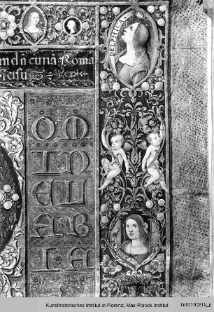 Libro da compagnie laicali: Officia Beatae Mariae Virginis et Defunctorum; Psalmi poenitales et graduales : Incipit Offitium Beate Marie Virginis secundum Curiam Romanam: Zierseite mit floralem Rahmen, historisierter Initiale D, darin die Geburt Christi, sowie Putti, Sibyllen in Mandorlae, antikisierenden Profilköpfen in Clipei, Madonna und Kind in einer Mandorla