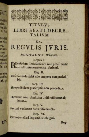 Titulus Libri Sexti Decre Talium De Regulis Juris.