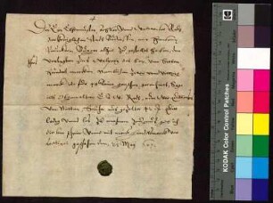 Hans Peucer, Bürger zu Bautzen, bestätigt, vom Rat der Stadt Bautzen den Zins in Höhe von 42 Mark empfangen zu haben, der zu Walpurgis 1607 auf ein Darlehen über 700 Mark zu entrichten war.
