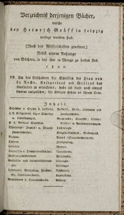 Verzeichniß derjenigen Bücher, welche bey Heinrich Gräff in Leipzig verlegt worden sind : (Nach den Wissenschaften geordnet.) ; Nebst einem Anhange von Büchern, so bey ihm in Menge zu haben sind