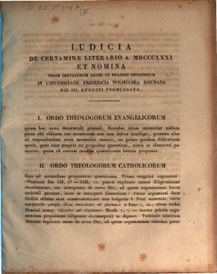 Iudicia de certamine litterario anni ... et nomina praemio vel parte praemii certatorum in Universitate Friderica Wilhelmia Rhenana. 1831