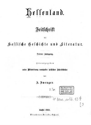 3.1889: Hessenland : Zeitschrift für hessische Geschichte und Literatur