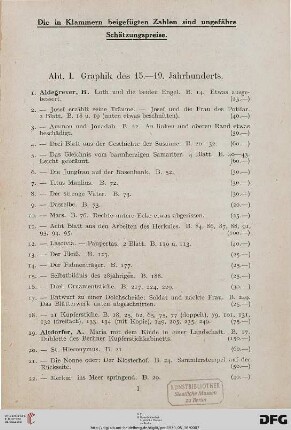 I. Graphik des 15.-19. Jahrhunderts (Nr. 1-491)