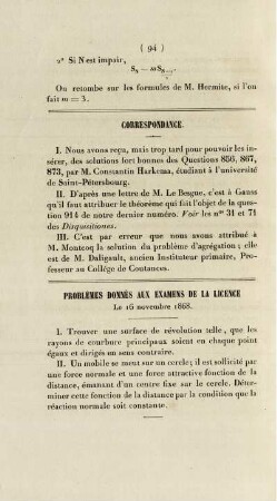 Problèmes données aux examens de la licence.