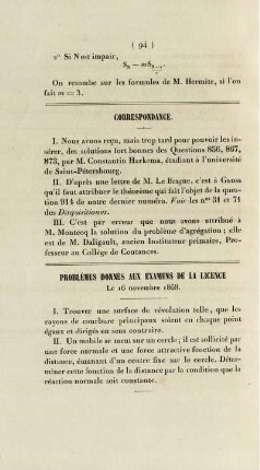 Problèmes données aux examens de la licence.