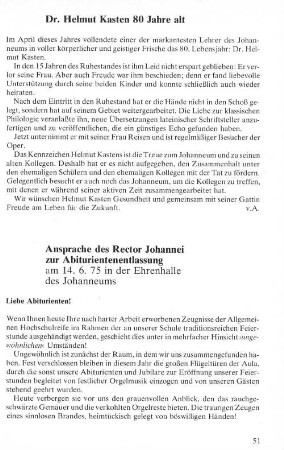 Ansprache des Rector Johannei zur Abiturientenentlassung am 14.6.75 in der Ehrenhalle des Johanneums