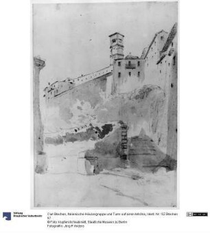 Italienische Häusergruppe und Turm auf einer Anhöhe