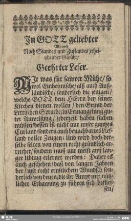 In GOtt geliebter .. Geehrter Leser
