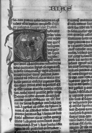 Lateinische Bibel, Teil II — Initiale T mit König, dem ein Greis durch einen Schergen vorgeführt wird, Folio 130 a